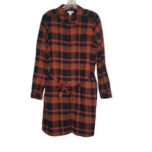 Goodthreads Flannel Shirt Dress Large Brown Orange Black Plaid Pockets Folklore